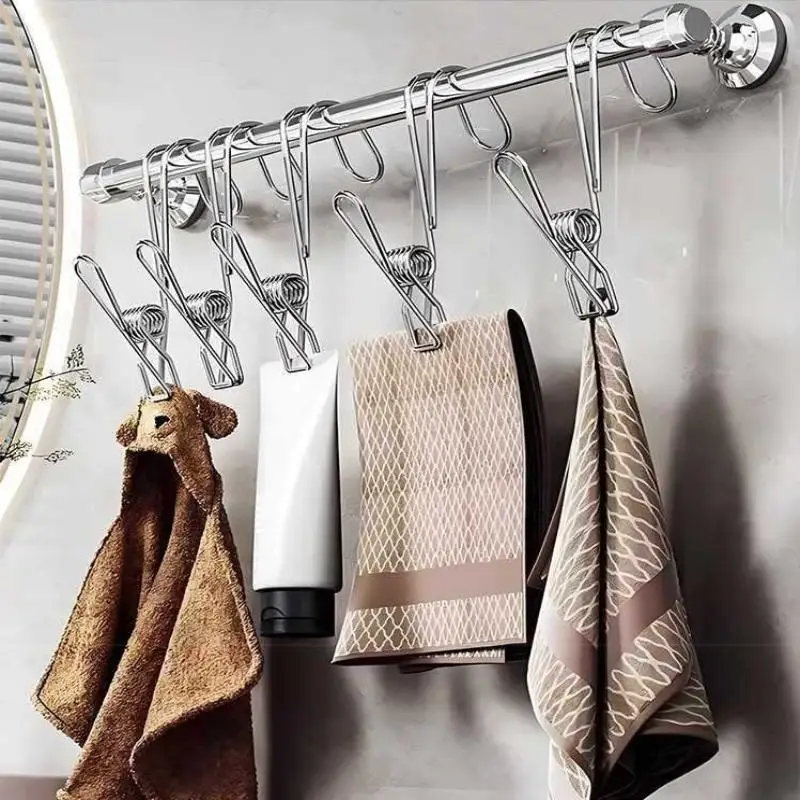 5pcs Universal Hanging Clips For Offices Kitchens Bathroom Stainless Steel Clothespins With Hooks Metal Spring Clips With Hooks