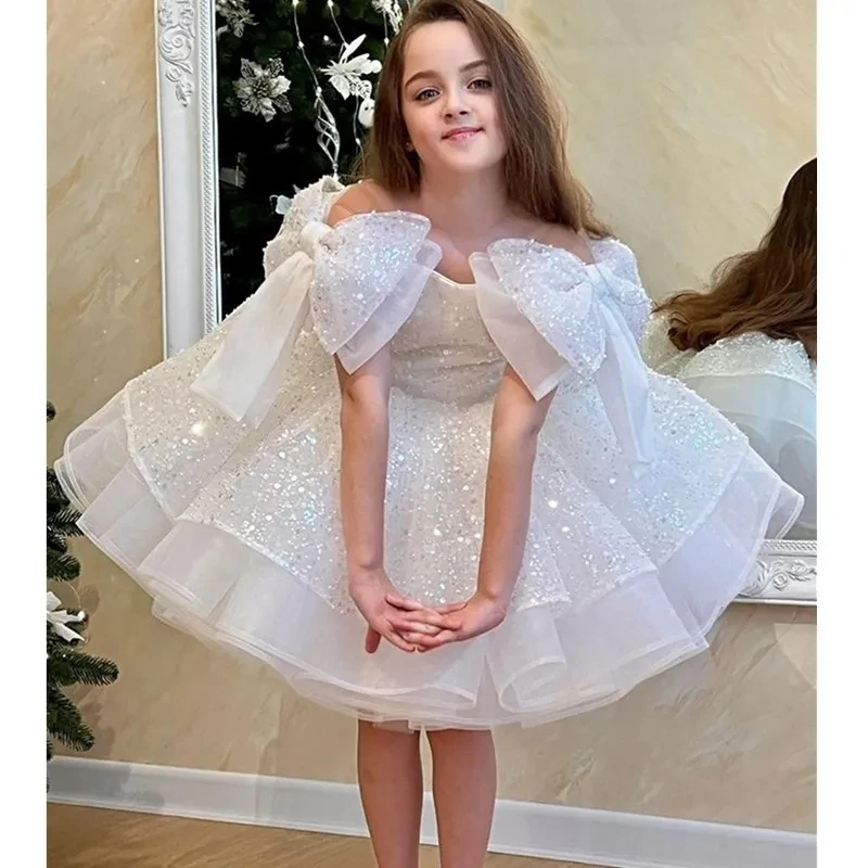 Big bow Fluffy Wedding ball Party Dresses for Girls White sequin studded beads luxury Tutu Child With Tulle Flower Girl Dress