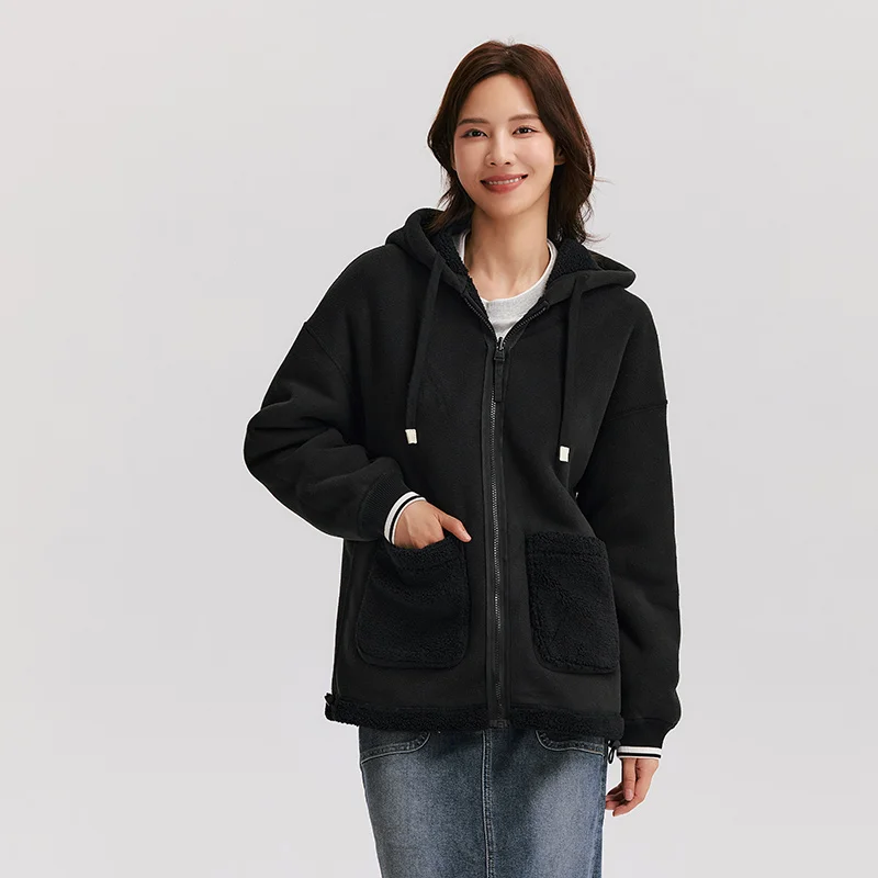 Semir Coat Women Imitation Lamb Wool Polar Fleece Double-Sided Wear Loose 2024 New Winter Contrast Color Simple Hooded Jacket