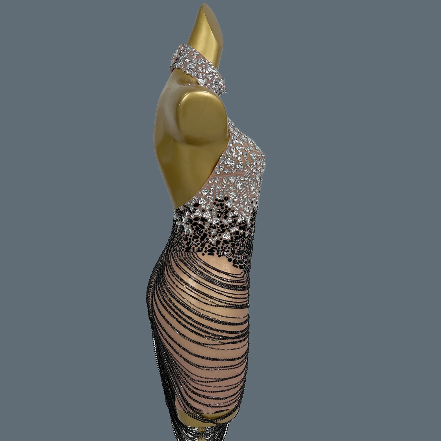 Sparkly คริสตัลโซ่ฉลองวันเกิดชุดราตรีการถ่ายภาพชุดเซ็กซี่ Halter Backless SHEER ตาข่ายผอมชุด Diandao