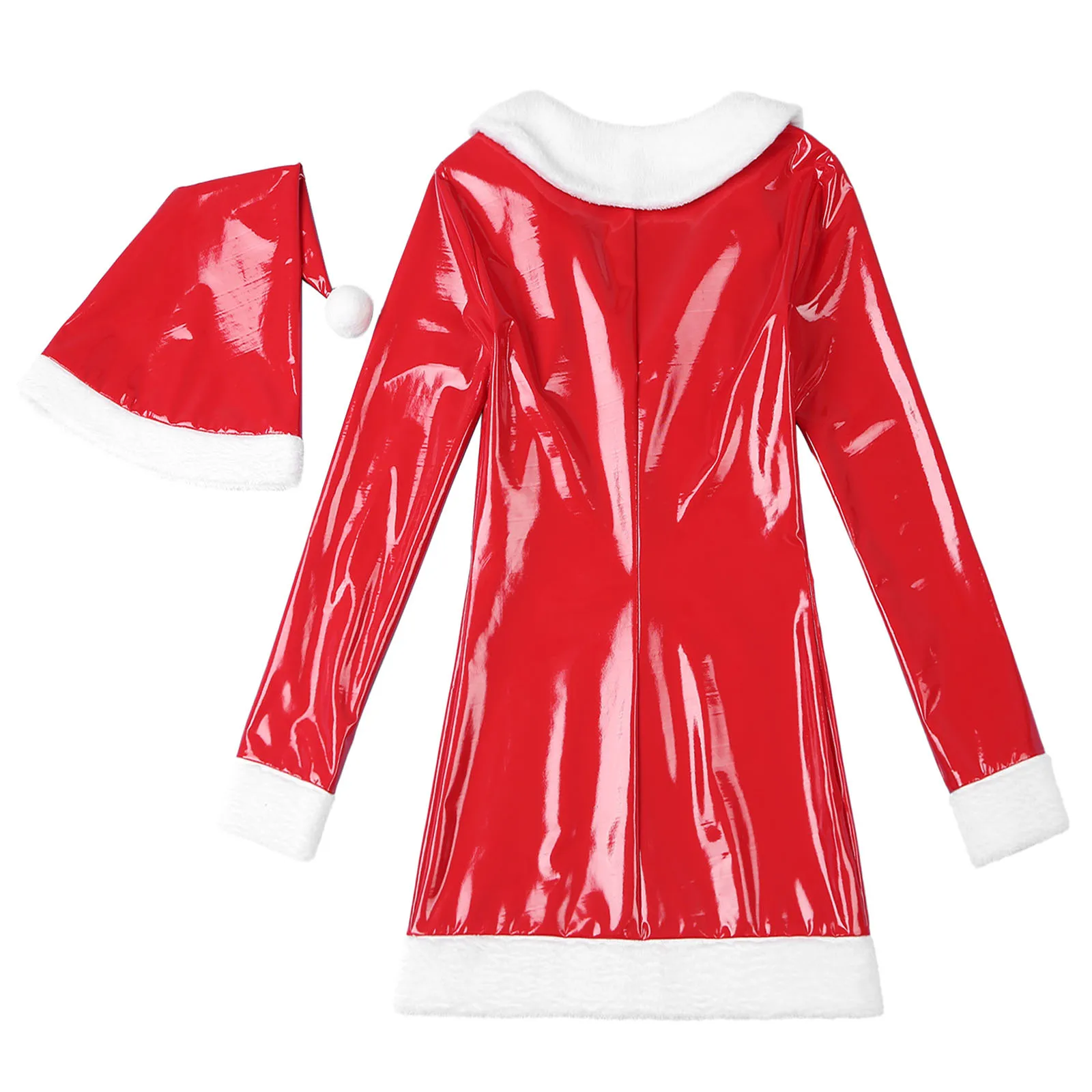 Womens Patent Leather Santa Claus Dress with Hat White Plush Trim V Neck Long Sleeve Front Zipper A-Line Christmas Dress