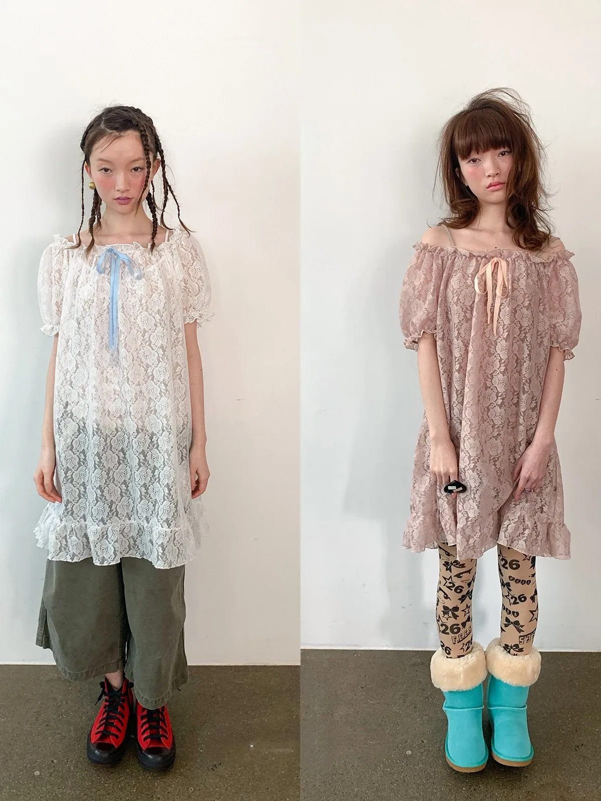 Korean Style Vintage Lace  Knot Hem Design Bubble Sleeve Dress Women's Fashion Casual Loose Fit Short Sleeve Dress