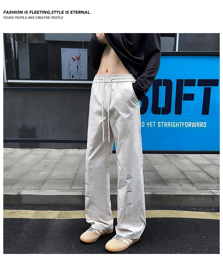 Bunte Herrenhose mit Ziernähten, weitem Bein, elastischem Bund, Kordelzug, lockerer, gerader Schnitt, lässige Streetwear-Sport-Hose – Detail 28