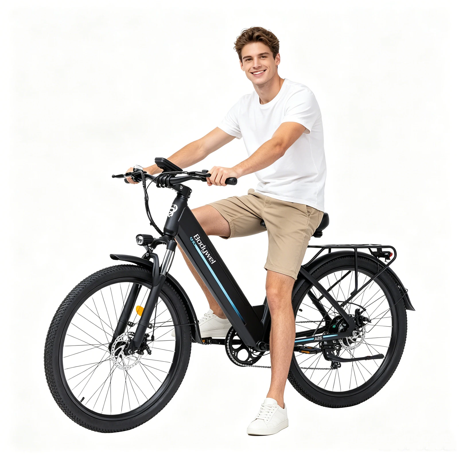 Elektrofahrrad für Erwachsene 36V 13Ah Abnehmbarer Akku E-Bike Große Reichweite 26' City-Pendler-Elektrofahrrad mit 7-Gang-Schaltung, Federgabel, LCD-Display Bodywel A26