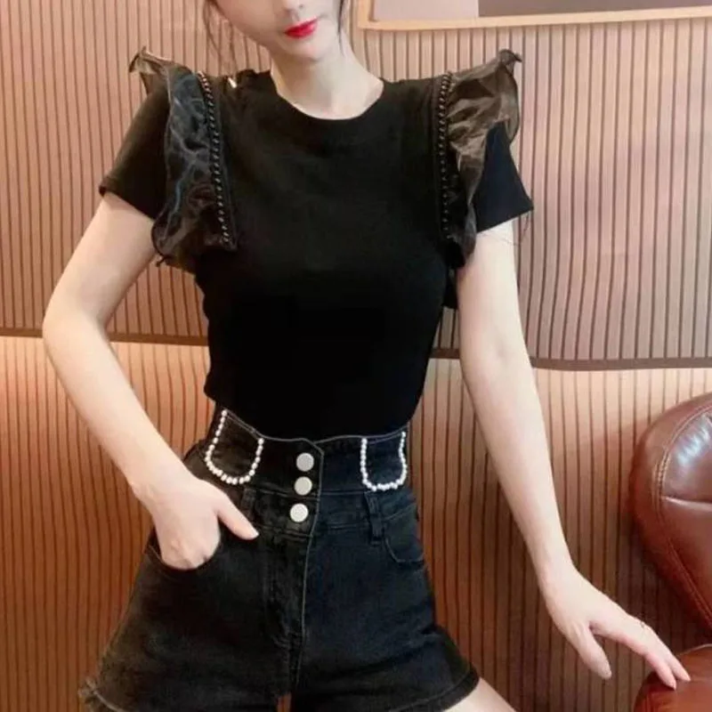 

2024 Summer New Women's Crew Neck Spliced Ruffles Beading High Street Fashion Sweet Slim Short Sleeve Ventilate T-shirt Tops