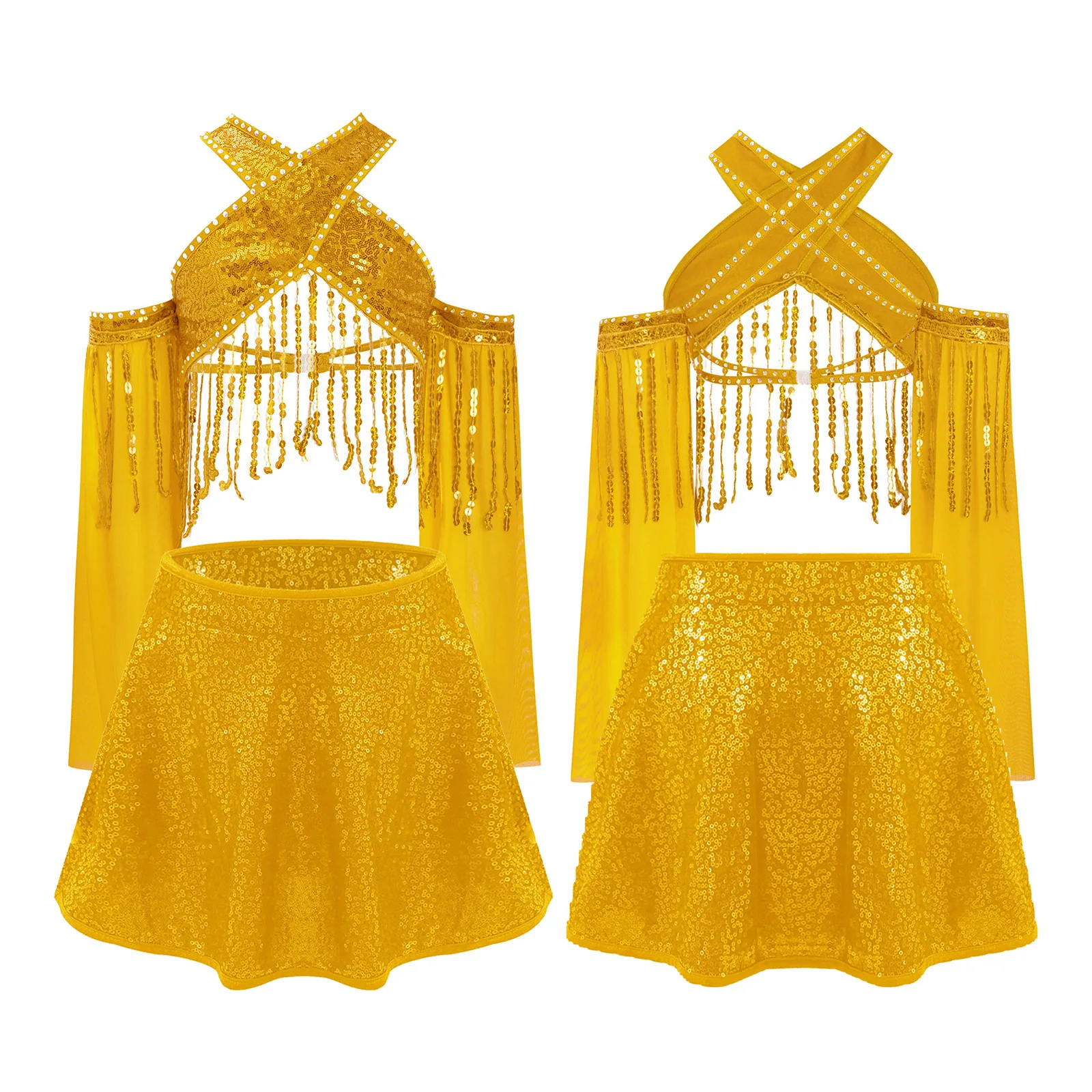 Girls Jazz Dance Stage Performance Costume Sheer Mesh Flared Sleeves Sparkling Sequin Tassels Cross Crop Top with Sequined Skirt