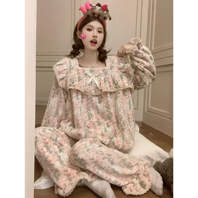 

Женская одежда, пижамный комплект, домашняя одежда, брюки с длинными рукавами, комплект из двух предметов, осенне-зимний утепленный удобный милый модный комплект