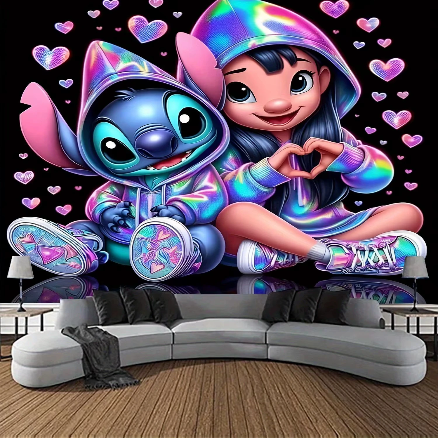    ديزني ستيتش آند جيرل مع نسيج حائط ثلاثي الأبعاد على شكل قلب لديكور مريح وغرفة ديكور خلفية من القماش