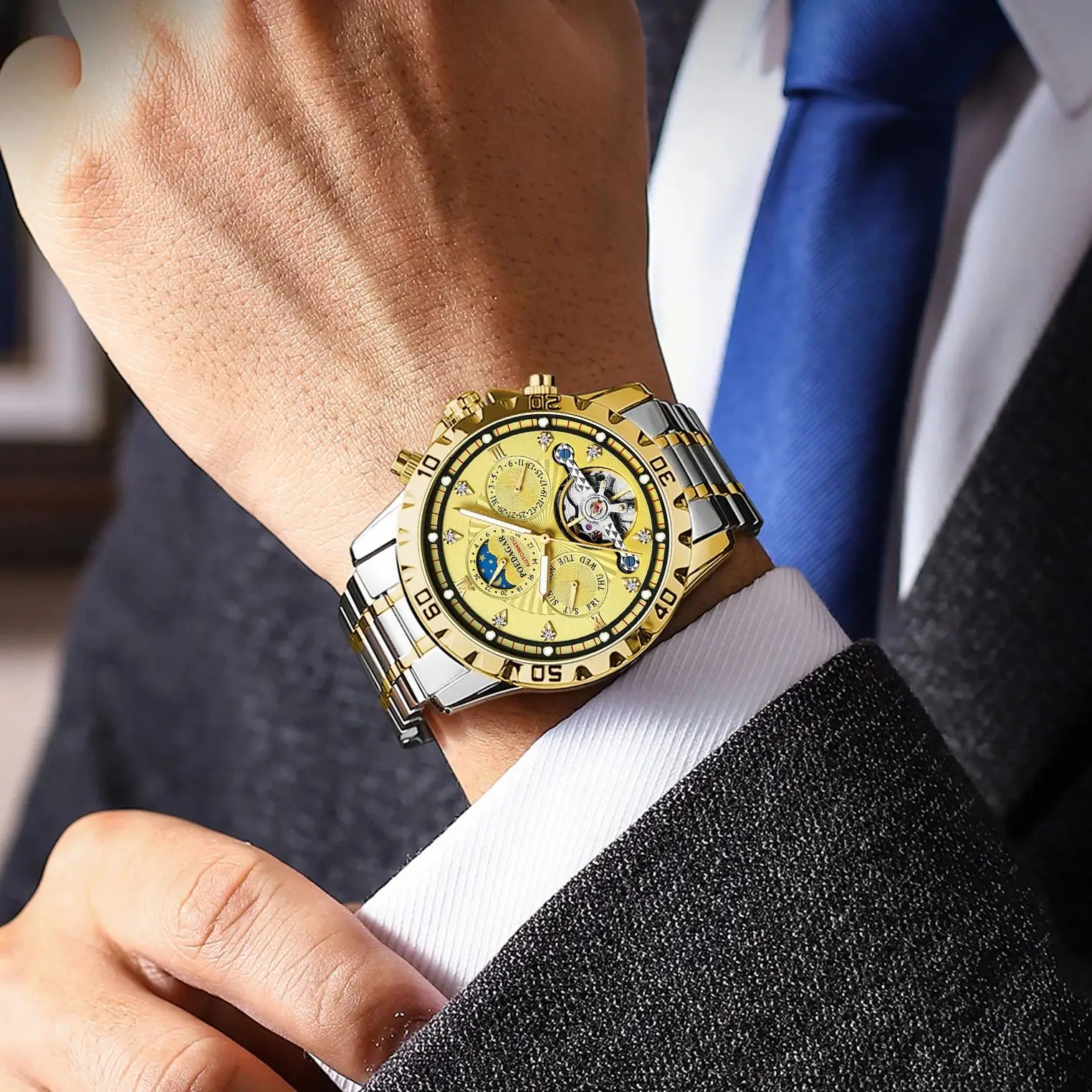 POEDAGAR الفاخرة الجوف توربيون الرجال الساعات للماء مضيئة التلقائية الميكانيكية ووتش تاريخ الأسبوع الفولاذ المقاوم للصدأ الرجال ووتش