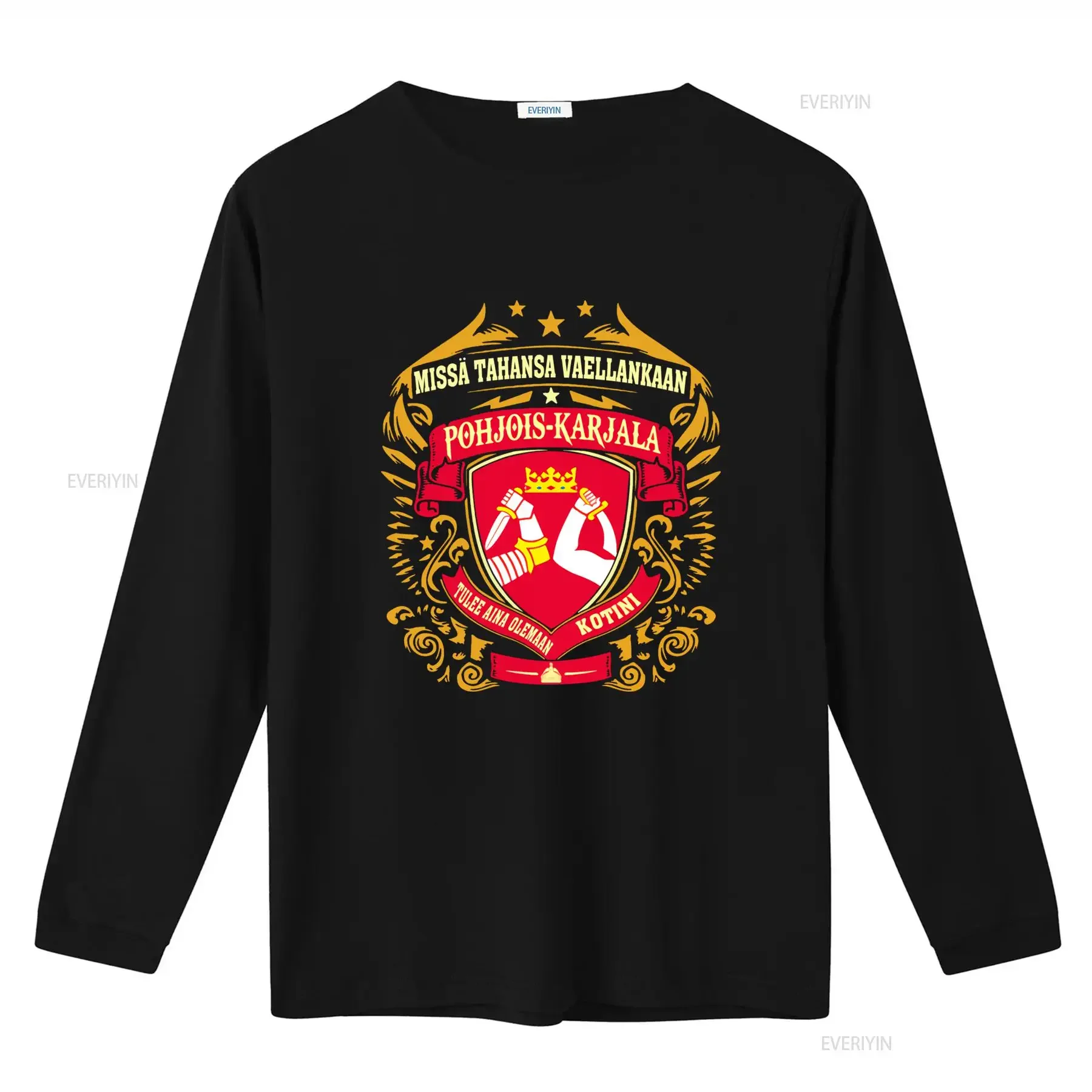 Missa Tahansa Vaellankaan Pohjois Karjala T shirt with Shield Crown Sword Design for  vintage Washed fashion designer clothes