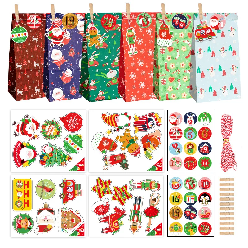 

24pcs Multicolor Christmas Paper Bag Advent Calendar Gift Bags for Xmas New Year Gift Packaging Supplies Navidad Natal Noel