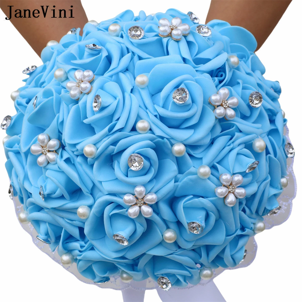 

JaneVini Blue Foam Roses Bridal Bouquet Bride Bridesmaid Crystal Rhinestone Wedding Flower Bouquet Custom Color Ramos De Novias