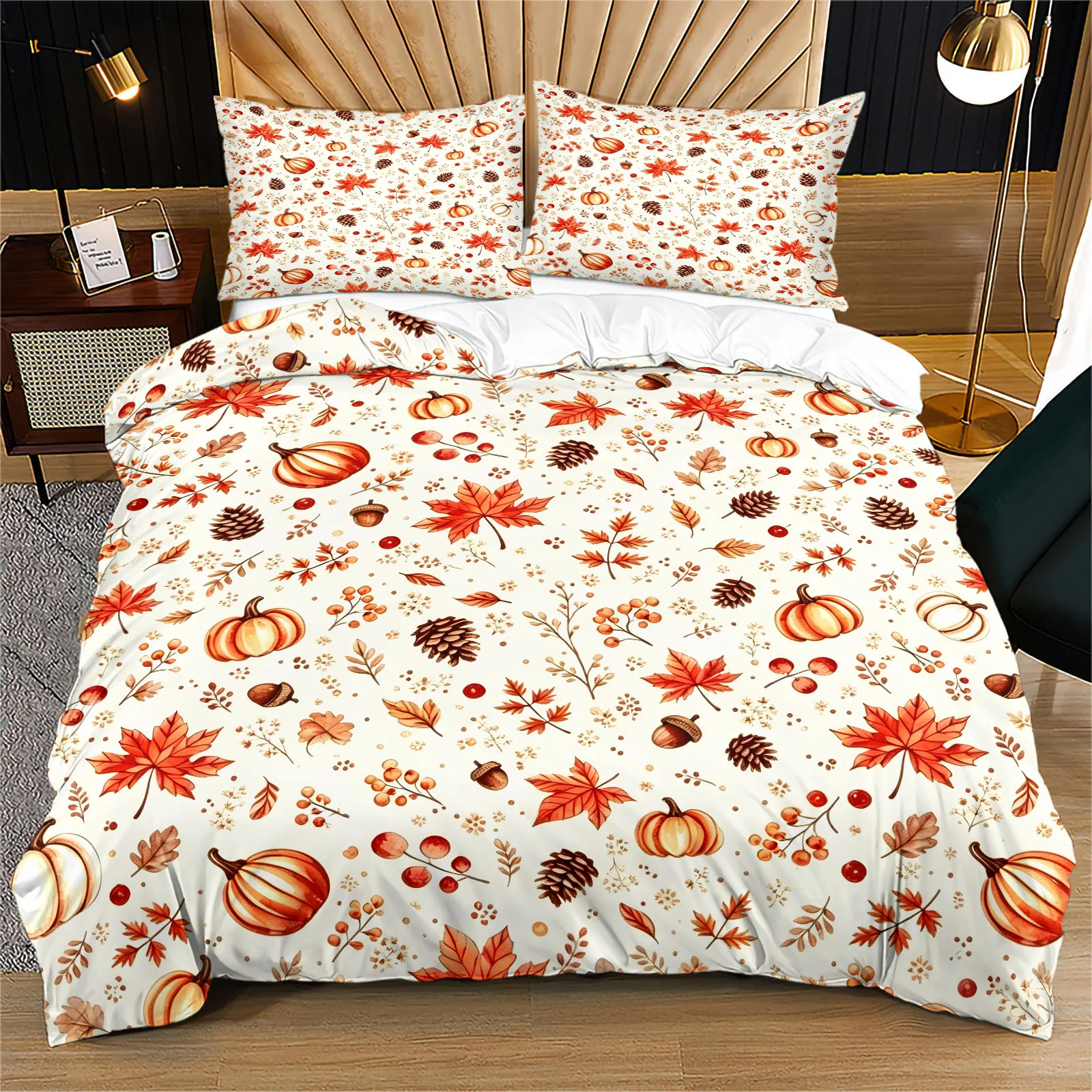 Autumn Pumpkin Maple Leaf Duvet Cover Set Soft Breathable Thanksgiving Fall Bedding Set With Pillowcase Home Bedroom Decor