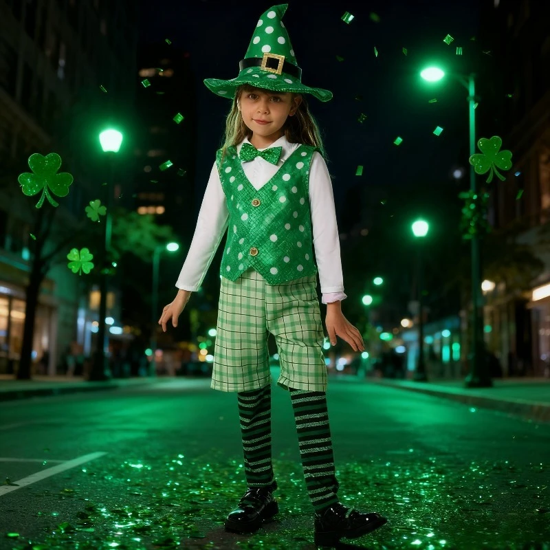 

Детская одежда на день Святого Патрика, комплект для ролевых игр с ирландским клевером, праздничное платье для выступлений, праздничное платье для выступлений на тему