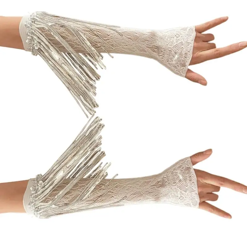 Actress Operas Party Glove Elbow Length Sequins Fringes Glove for Evening Party Masquerades Dress Lace Floral Glove