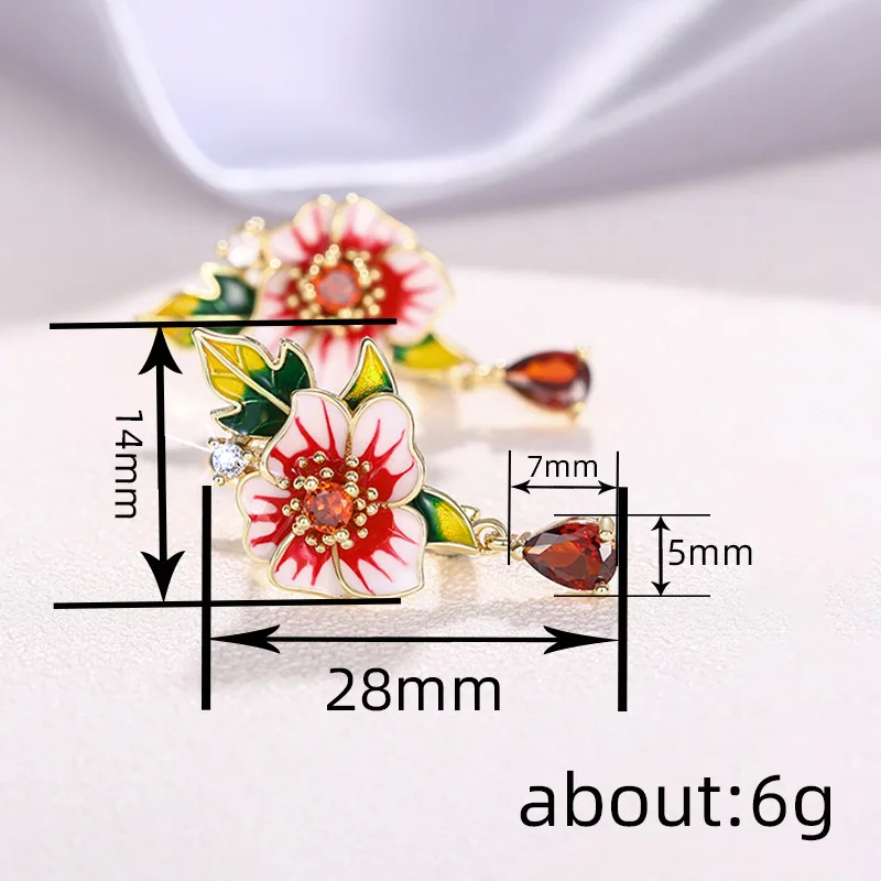Huitan Gorgeous Flower Earrings for Women Red Flower Green Leaf Aesthetic Enamel Earrings Wedding Party Temperament Lady Jewelry