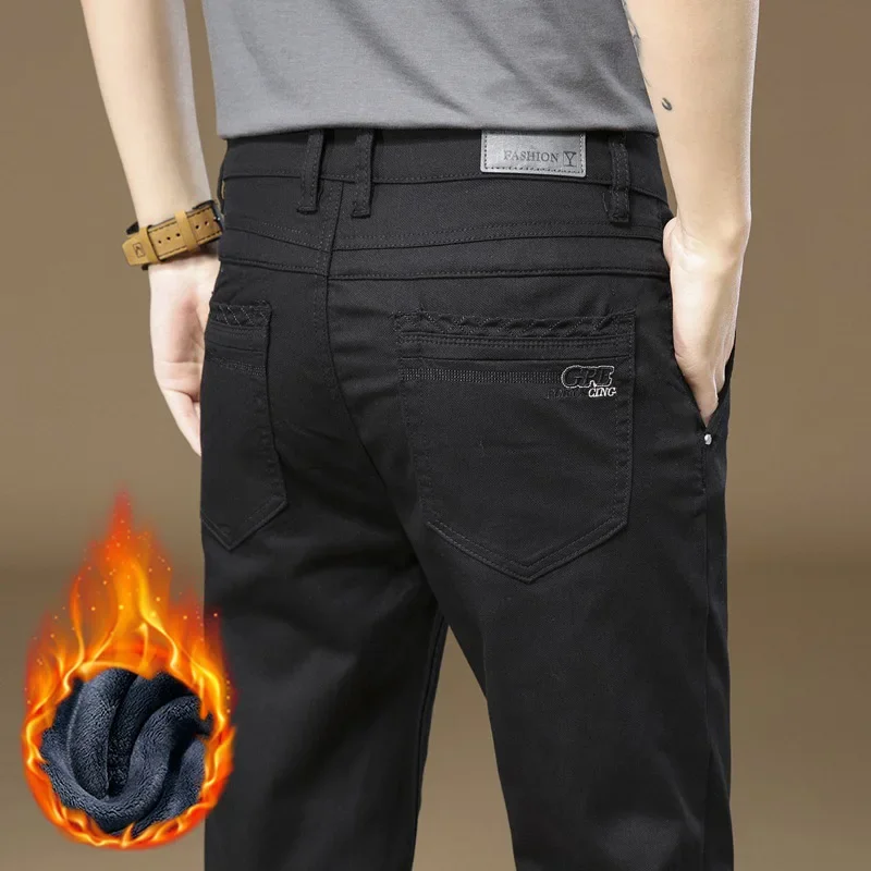 

Зимний стиль, мужские хлопковые высококачественные флисовые теплые повседневные брюки для бизнеса, облегающие эластичные бархатные толстые черные, серые хаки