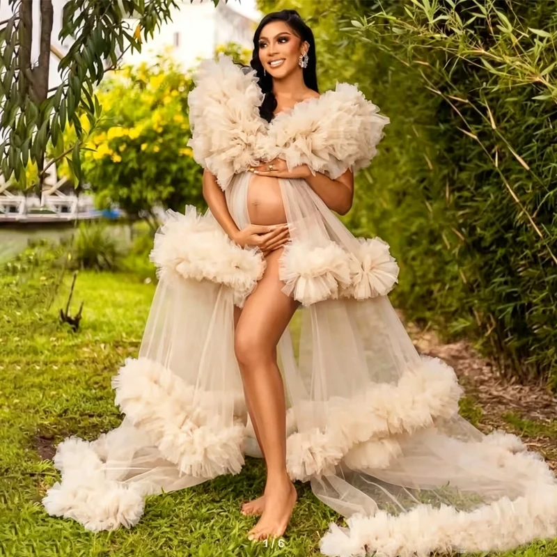 

Flowy Tulle Maternity Photoshoot Gown, Off Shoulder See-through Long Dress, Loose Comfortable Pregnancy Outfit, Baby Shower