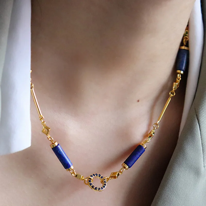 

Round Circle Link Gold-Plated Chain Jewelry for Women Blue Natural Stone Neck Choker Necklaces On Party Wedding Gifts