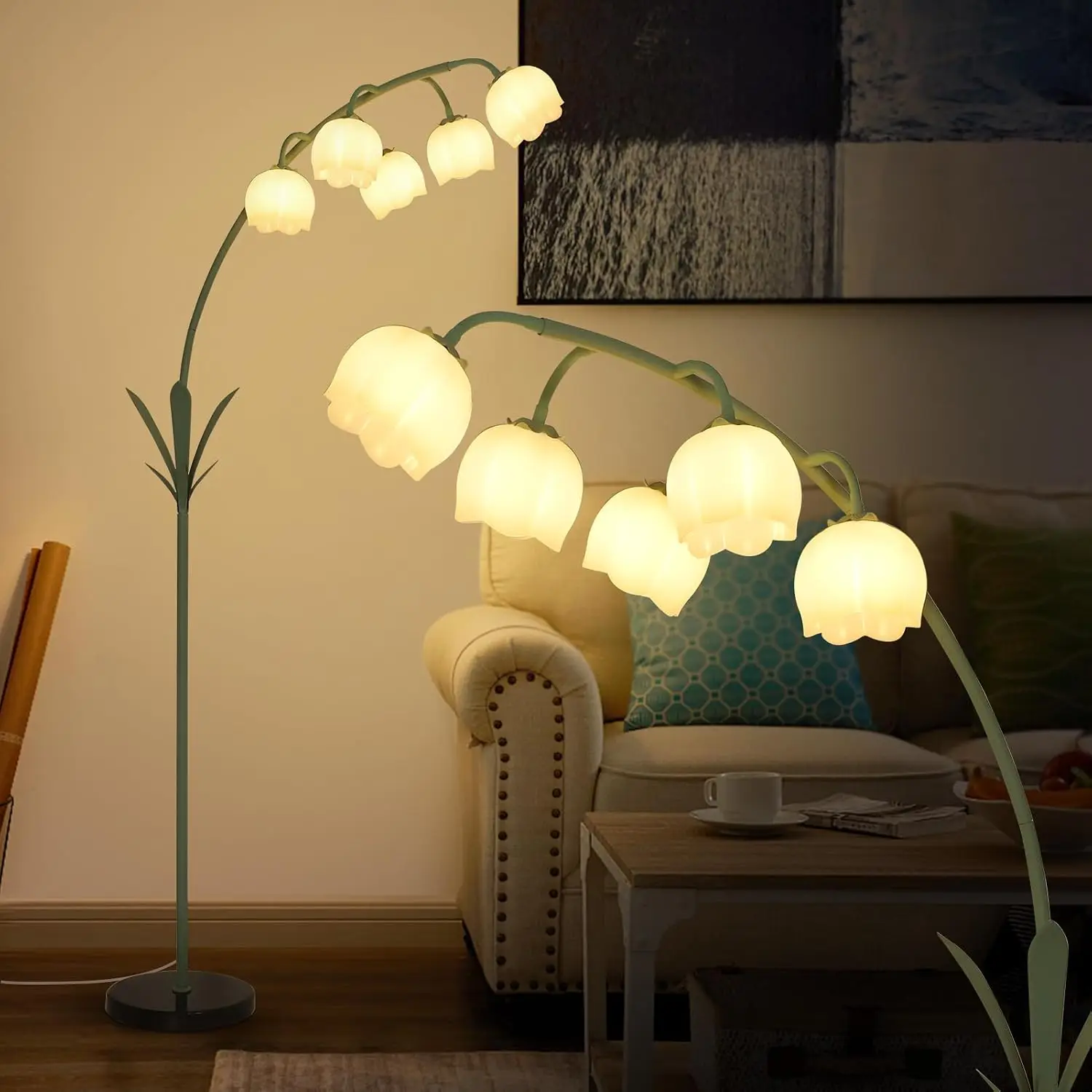 Flower Floor Lamp 5 G9 LED Bulbs Foot Switch Green Floral Standing Lamp Acrylic Shade Curved Tall Lamp Living Room Bedroom Corne