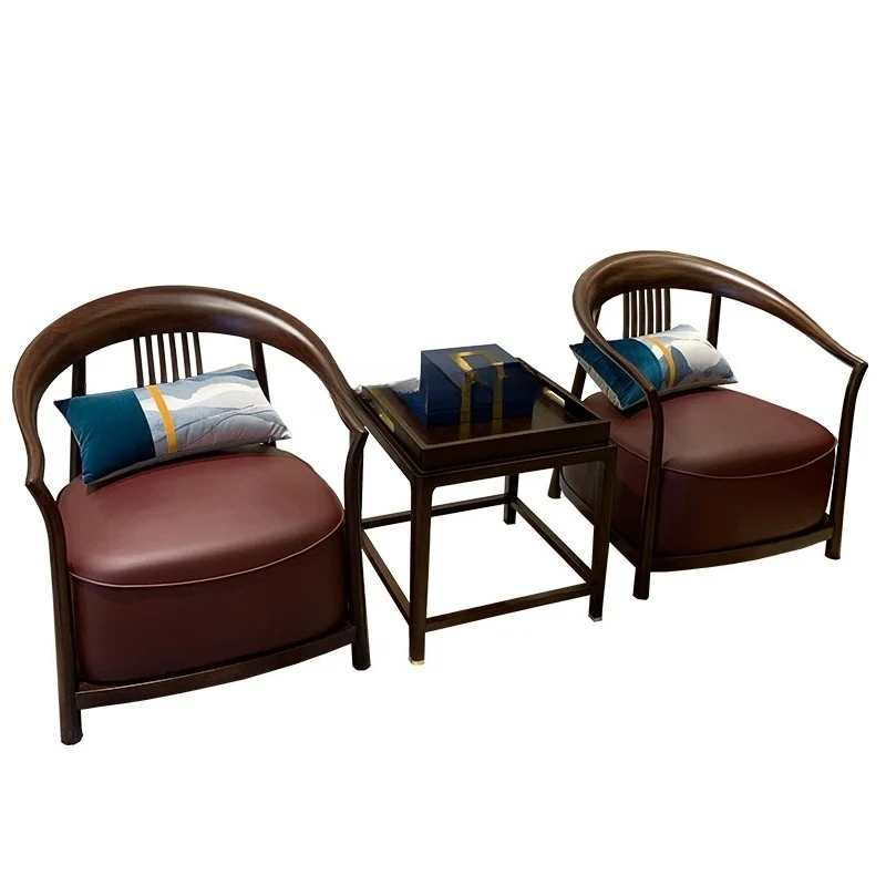 

New Chinese Style Ugyen Wood Lounge Chair Three-Piece Set Leather Single Sofa Circle Sofa Chair