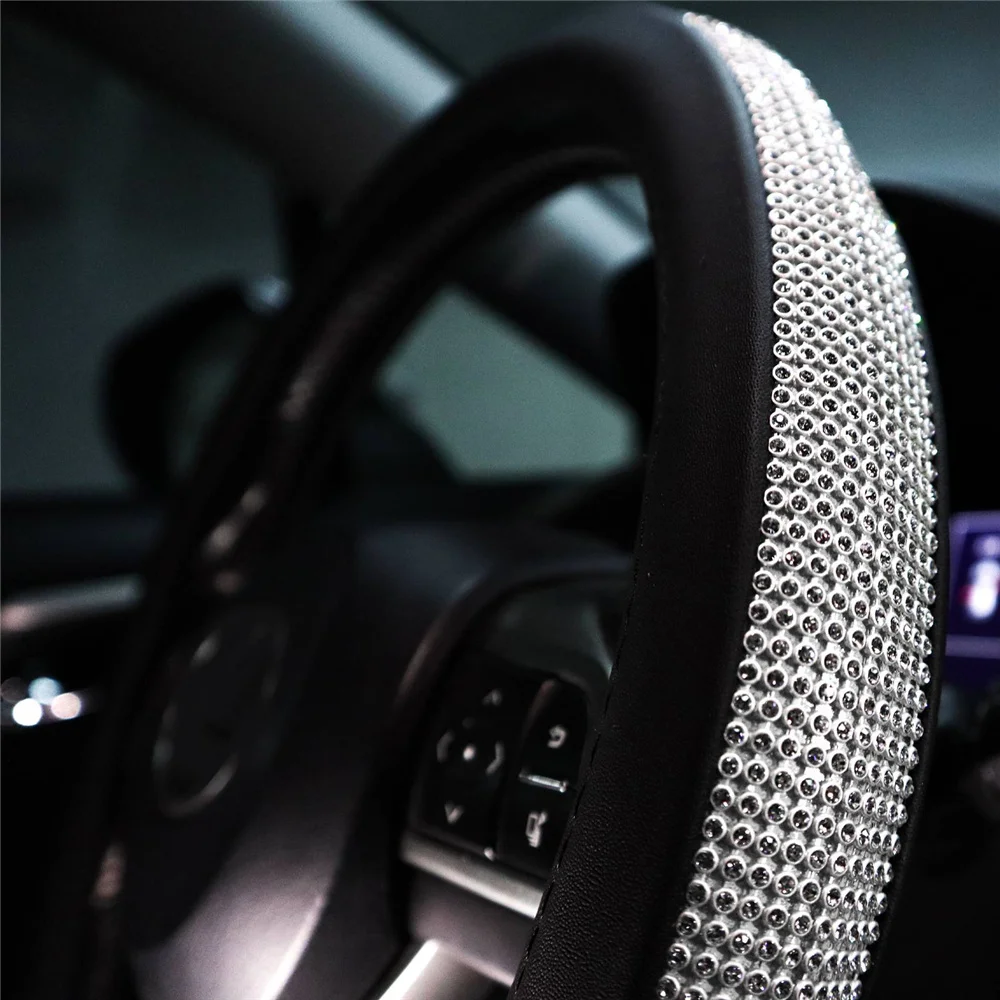36CM/38CM PU skórzany diamentowy pokrowiec na kierownicę Rhinestone kryształowy Bling dla VW Opel Toyota Nissan Ford akcesoria samochodowe — zdjęcie 7
