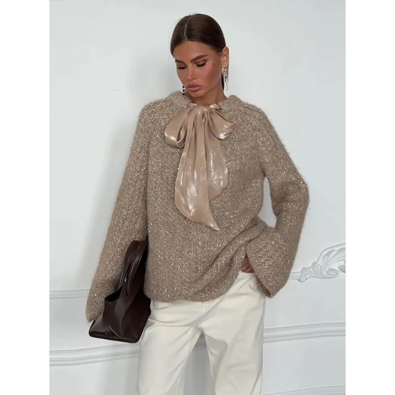 

Street Fashion Ribbon Decorative Knitted Pullover Women's Sweater