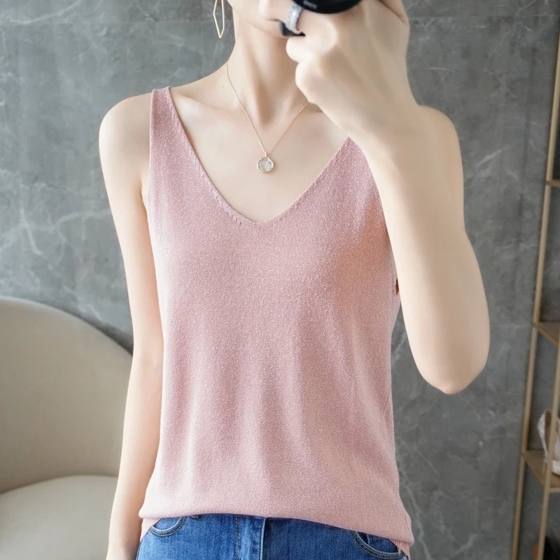 Summer New Bright Thread Strap Vest Women V-neck Overhead Loose Sleeveless Simple Beautiful Back Matching Inner Wear Outer Wear