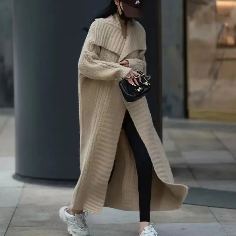 Fried Dough Twists long sweater women cardigan autumn and winter 2023 new lapel loose thickened knitting coat coat