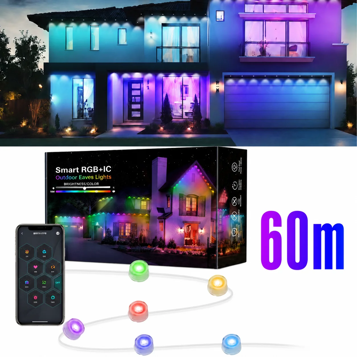 Smart RGB Eave Lights App & Remote IP67 Permanent Outdoor LED String Lights Home New Year Christmas Birthday DIY Lighting
