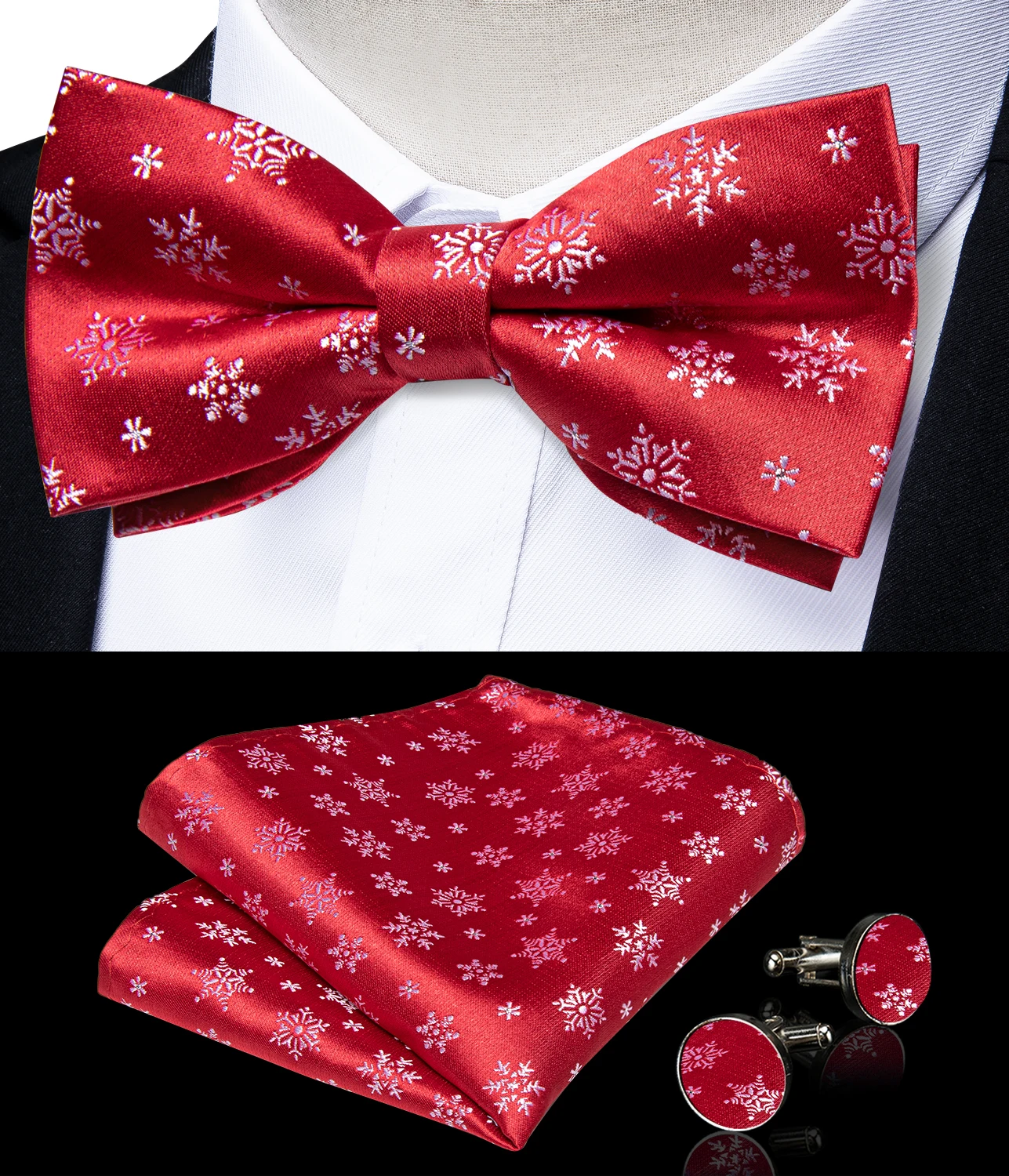 

Red Pre-tied Christmas Bowtie Snowflke Bow Tie for Men Luxury Butterfly Knot Handkerchief Cufflinks Set Man Accessories Party