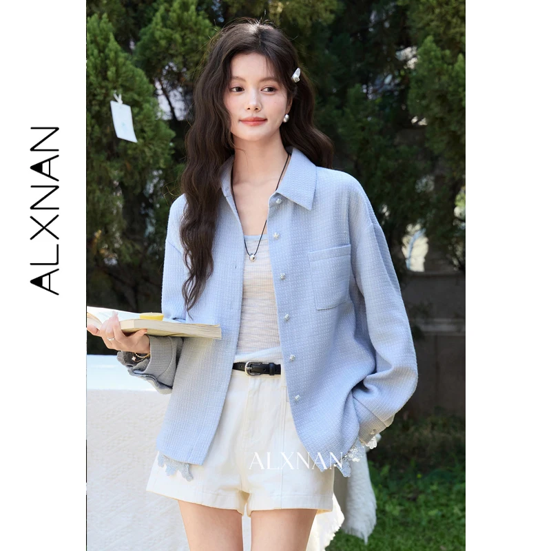 

ALXNAN Blue Shirt Women 2026 Spring Long Sleeve Lace Blouse Four-Leaf Clover Pearl Buttons Shirts Elegant Ladies Clothing L62012