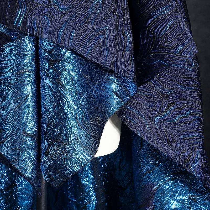 Deep Blue Sea Gold Silk Twill Jacquard Cotton Fabric Pleated Three-dimensional Texture Jacket Suit Designer Fabric