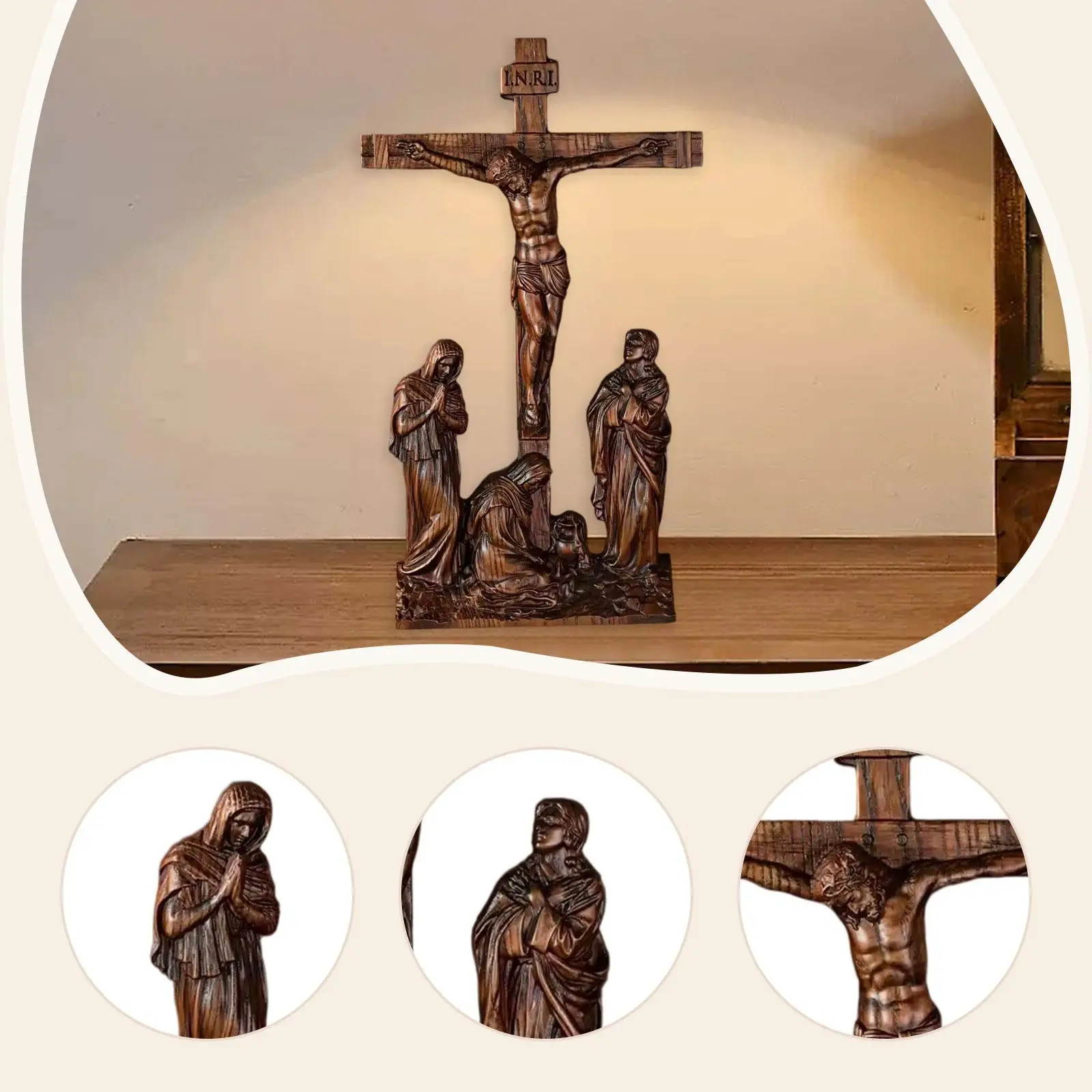 Standing Crucifix Desktop Decoration 10 inch High Wooden Jesus on The Cross Statue for Home Decor Altar Chapel Prayers Tabletop