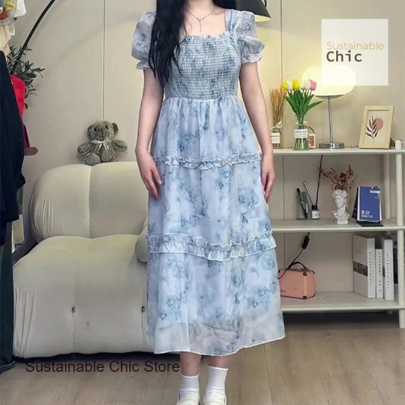 

French fashion plus size women's floral dress women's summer temperament waist slim skirt Mori micro-fat mm drape A-line skirt