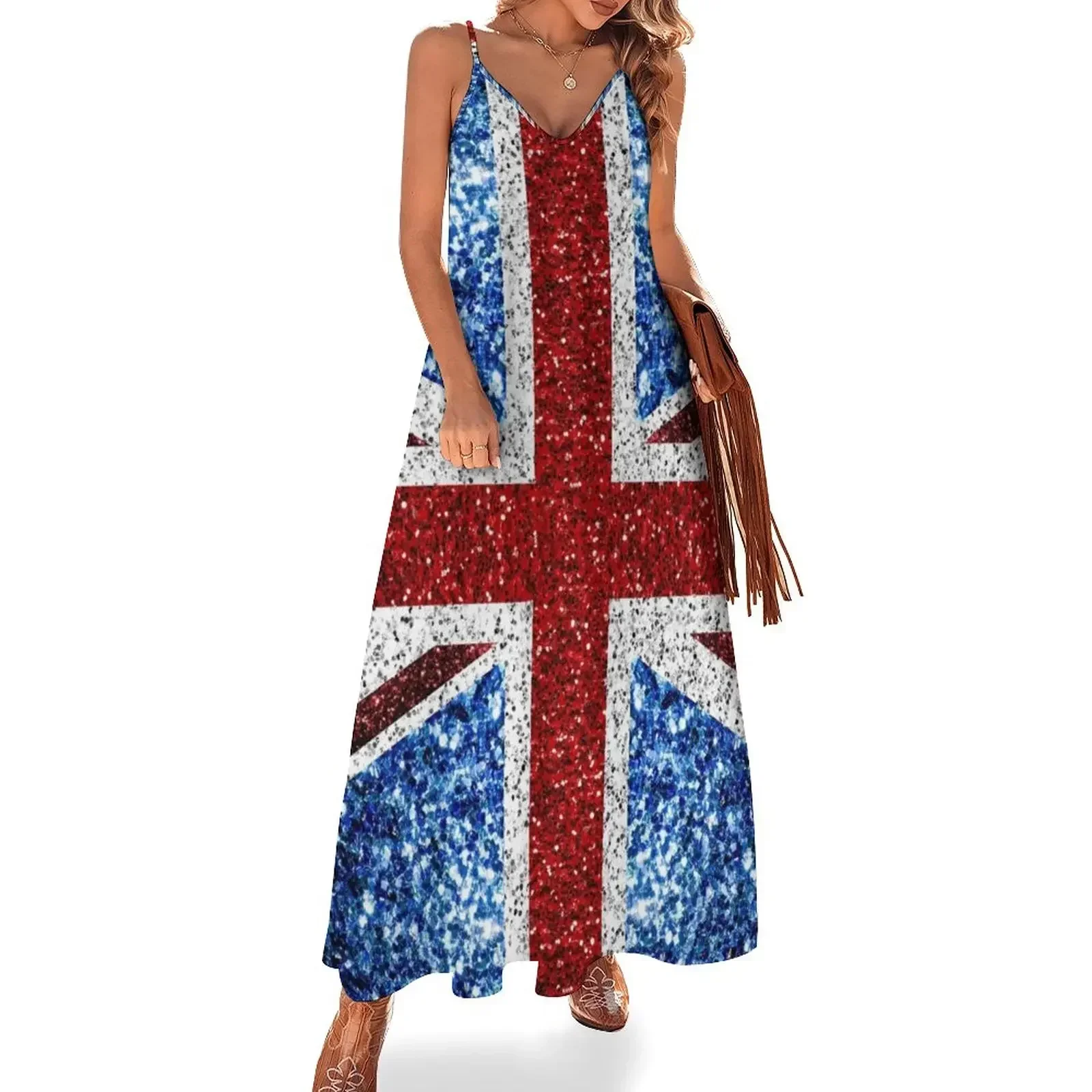 

UK flag red blue white faux sparkles glitters Sleeveless Dress Summer dresses for women women's evening dresses 2025 Dress