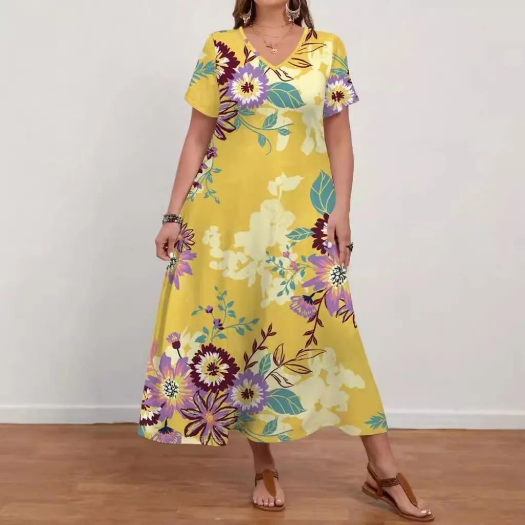 

Женское платье больших размеров с v-образным вырезом и цветочным принтом, весна-лето, платье-футболка с короткими рукавами, повседневное удобное женское модное платье