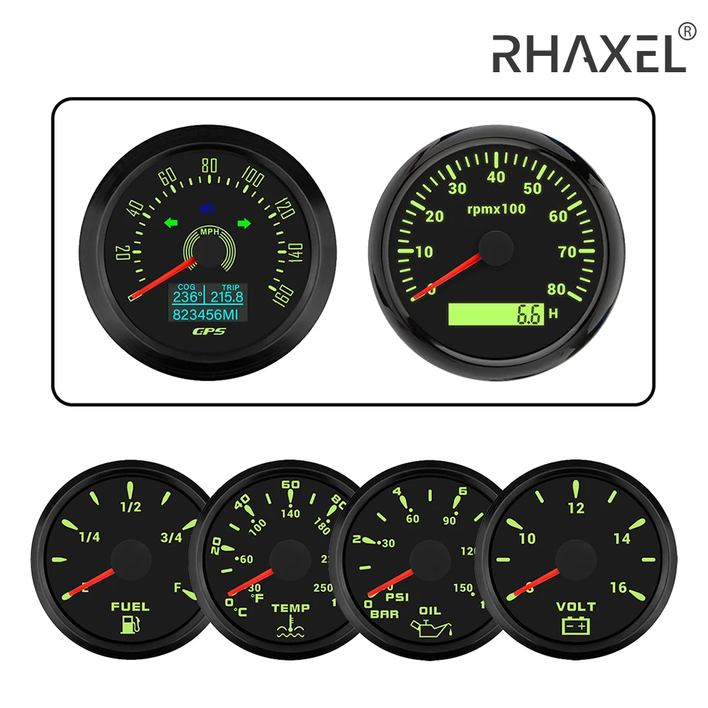 RHAXEL 6 Gauge Set 85mm GPS Speedometer 160MPH Tachometer for Motorcycle Car Fuel Level Water Temp. Oil Presseure Voltmeter 12V