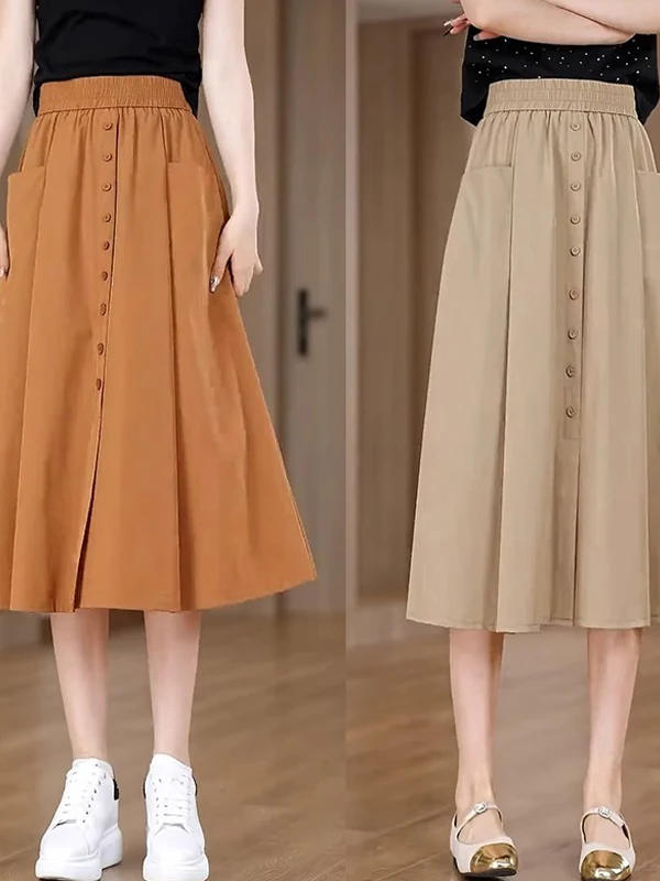 Summer Thin Ice Silk Loose Slim Casual Half Skirt Women's Korean Version Button Pocket A-Line Large Size Umbrella Skirt for p...