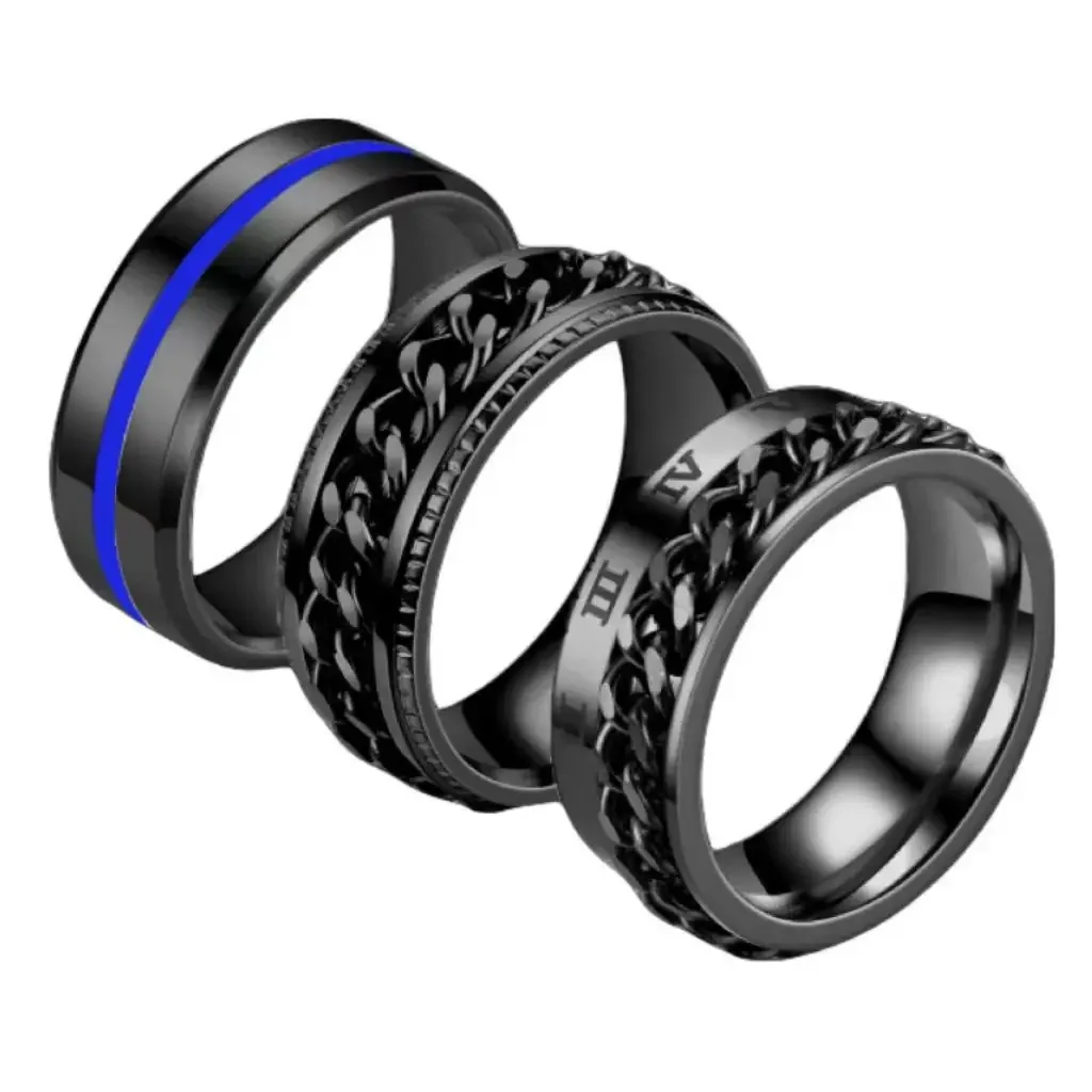 3PCS Mens Chain Decor Rings Fashion Decompression Finger Ring Set Party for Boy Gifts