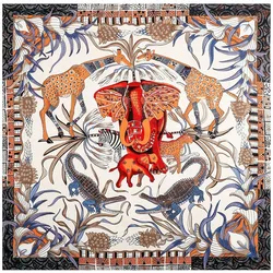 130x130CM Twill Silk Square Scarf Animals Print Women Scarves&Wrap Giraffe Neckerchief Spanish Large Bandana Neck Shawl Wraps