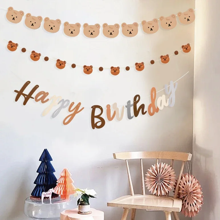 INS Cute Bear Happy Birthday Banner ghirlanda 1st Kids Boys Teddy Bear forniture per feste di compleanno palloncini stoviglie Baby Shower Decor