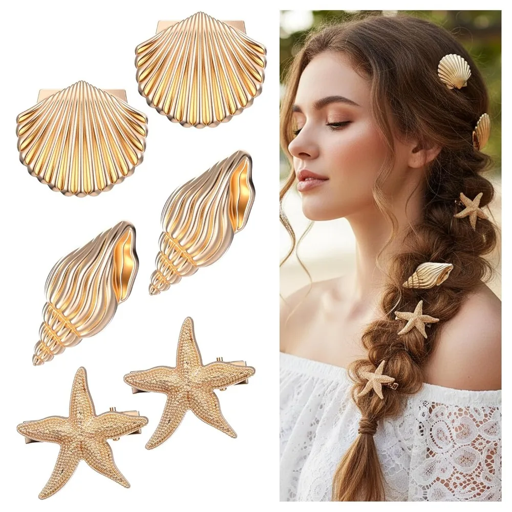 3Pcs Golden Seashell Starfish Hair Clips, Metal Beach Hair C