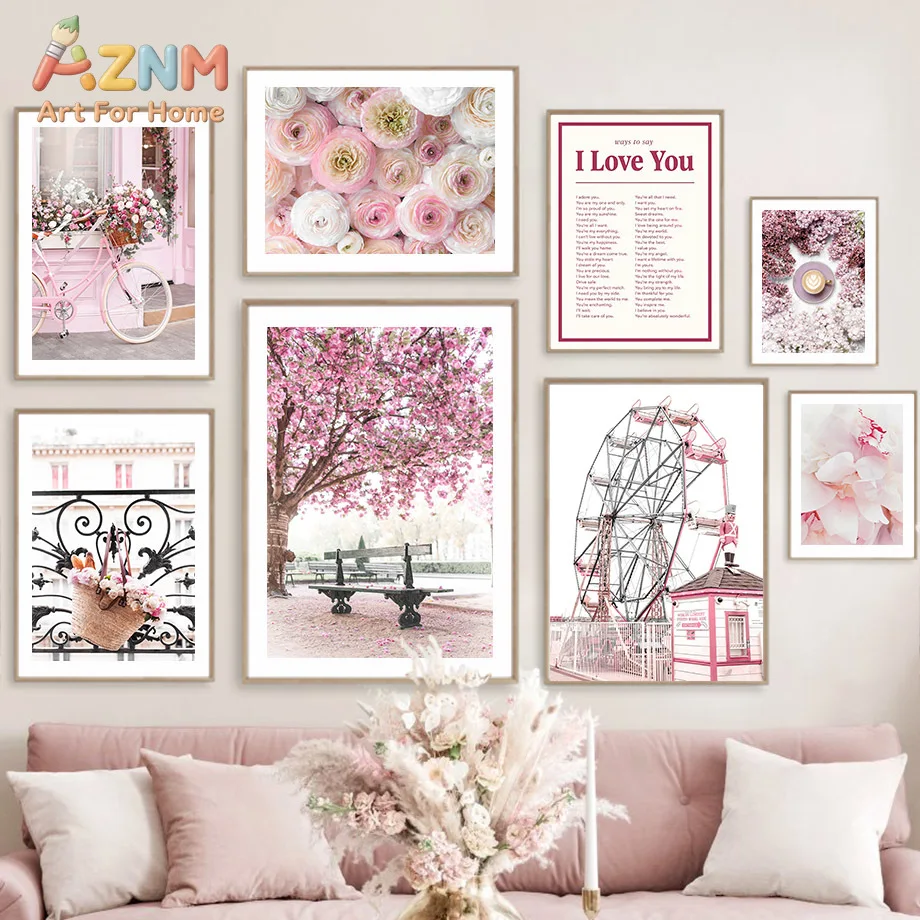 AZNM Soft Pink Floral Canvas Wall Art Cherry Blossom Ferris Wheel Bicycle Romantic Quote Print for Bedroom Living Room Home Deco
