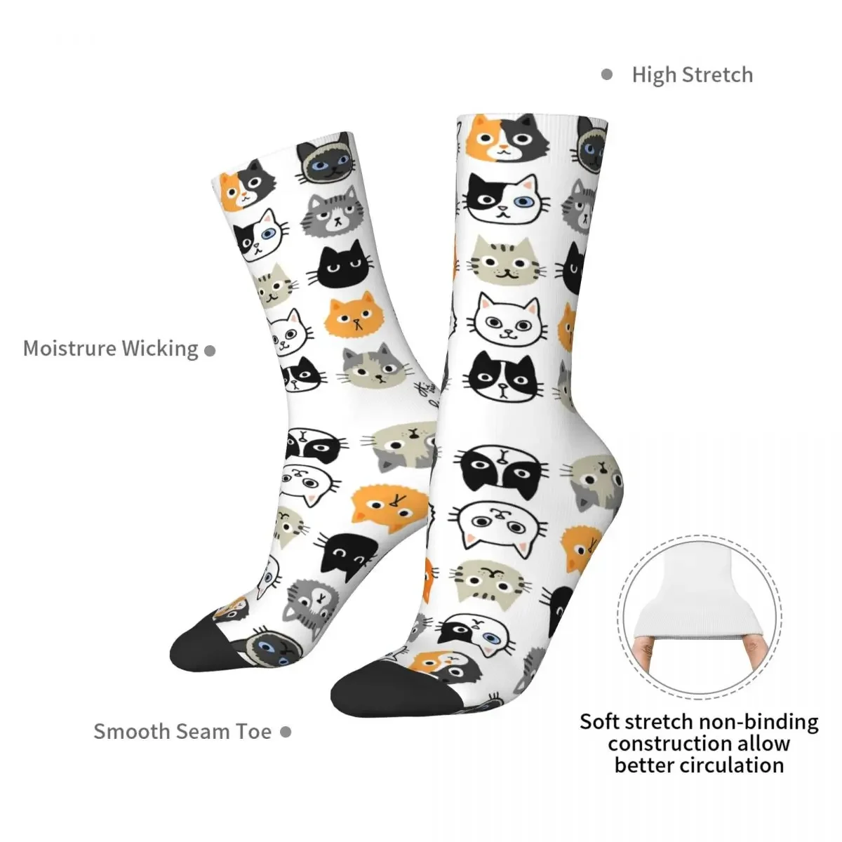 Assorted Cat Faces Cute Quirky Kitty Cat Drawings Socks Harajuku High Quality Stockings All Season Long Socks Accessories