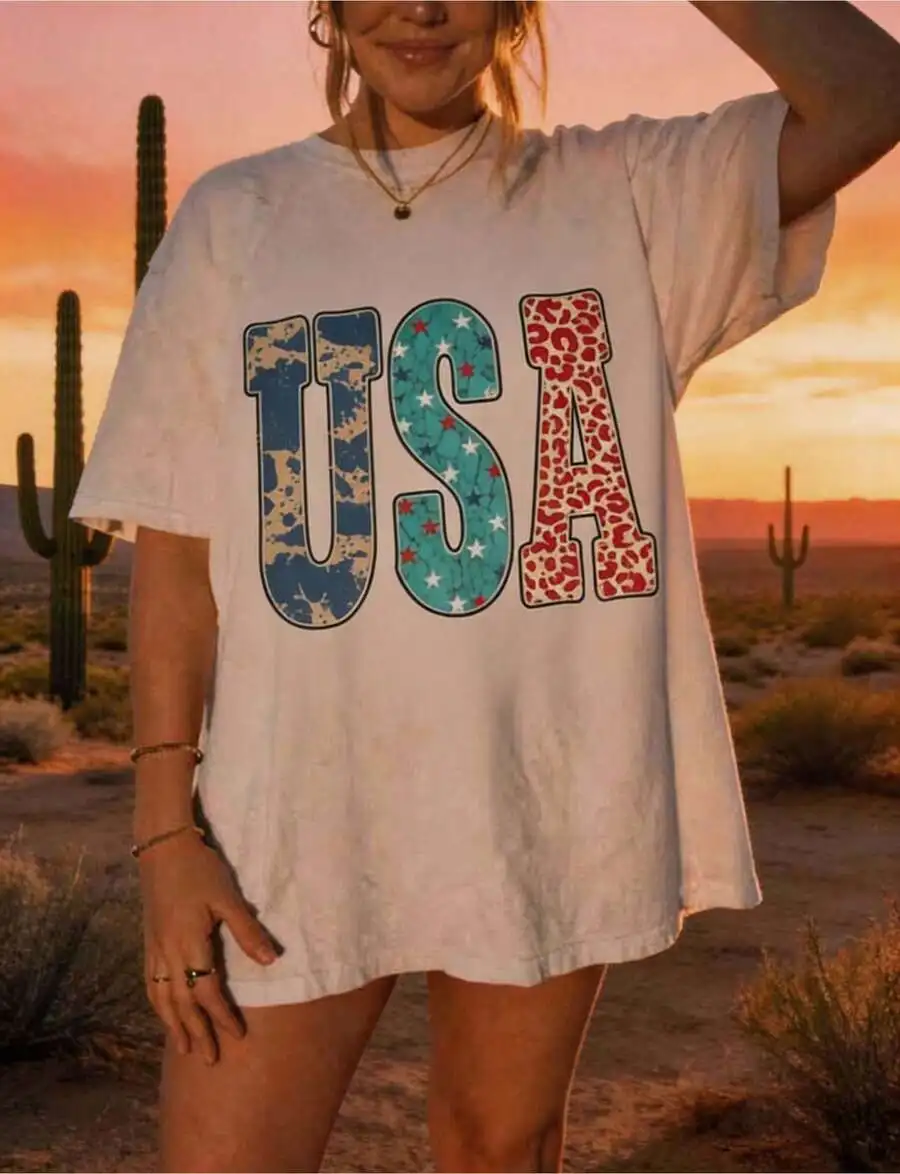 Women Trendy USA Leopard Print Crewneck Short Sleeve T Shirt Essential Basic Vintage Western Fourth Of July 250 Years Of Freedom Everyday Wear Casual Top