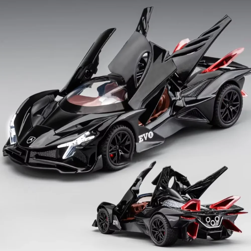 

Масштабная модель автомобиля Apollo EVO 1:32, литая под давлением, из сплава, с функцией отката, звуком и светом, открывающиеся 2 двери, гоночная машина, подарок для ребенка