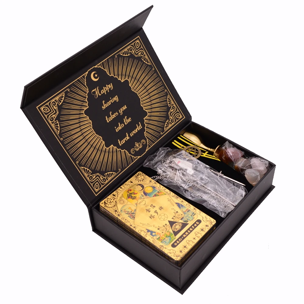 Luxury Chinese Black Gold Sun Gift Box Set Gold Foil Tarot 12*7cm PVC Waterproof and Durable Game Card Crystal Stone Holy Grail