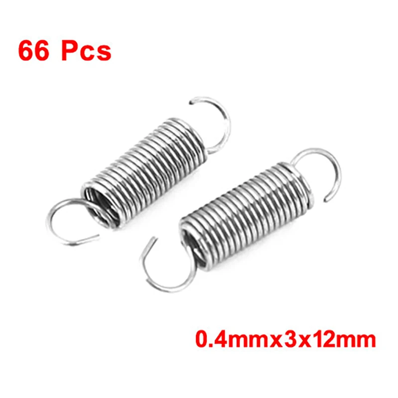 66pcs 0.4mmx3x12mm 304 Stainless Steel Dual Hook Small Tension Spring  for Marine Computer Electronics Automotive