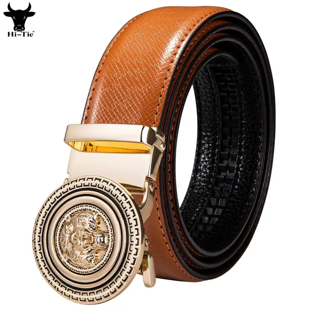 Luxury Mens Belts Gold Tiger Eagle Lion Automatic Buckles Orange Real Leather Men Belt for Dress Jeans Wedding Party Casual Belt